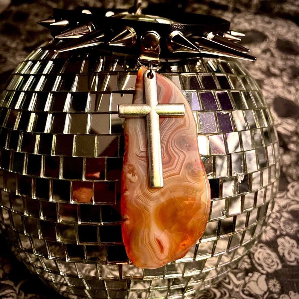 Spiked Faux Leather Collar Orange Agate & Cross
